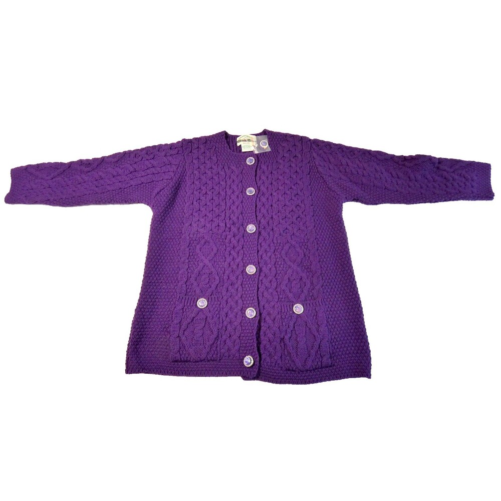Aran Crafts Women's Royal Purple Cardigan Merino Wool Irish Sz L NWT